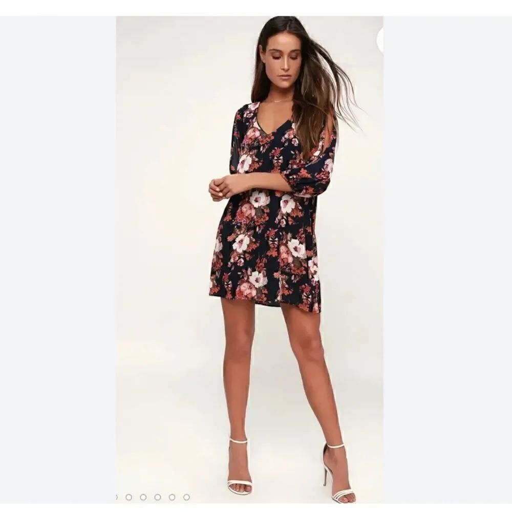 Lulus Split Sleeve Sheeth Shift Dress Navy Blue Floral V-Neck Boho Medium